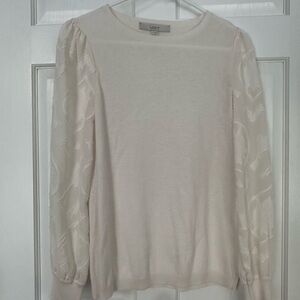 LOFT Ivory Blouse with Textured Sheer Sleeves
